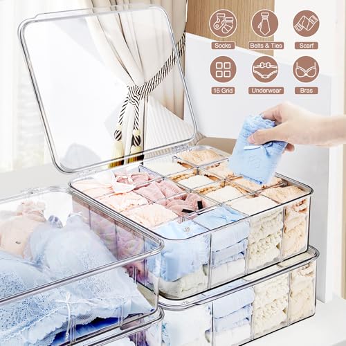 DILIBRA Socks Underwear Drawer Organizer for Closet, 16 Compartment Removable Divided Plastic Clear Sock Storage Box with Lid, Underwear Storage Tie Organizer Box for Bra Socks Ties Scarf Tea Bag