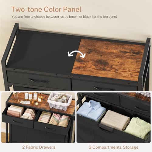 Laundry Sorter, Rolling Laundry Hamper with 3 Section Pull-Out Bags, Laundry Basket Organizer with 2 Drawers & 2-Tone Top Panel, Laundry Hamper with Wheels for Laundry Room Organization, Bathroom - size: 120 L with 3 Section