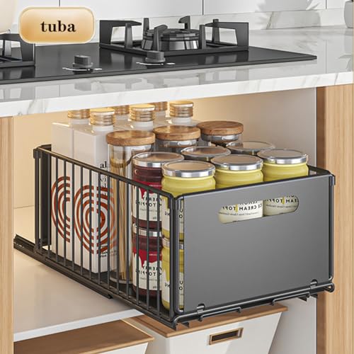 Pull Out Cabinet Organizer, Slide Out Cabinet Organizer Heavy-Duty Carbon Steel Expandable Drawer Adjustable Sliding Shelf Under Sink Rack Shelf for Kitchen Pantry Bathroom Closet - color: black large 2pcs