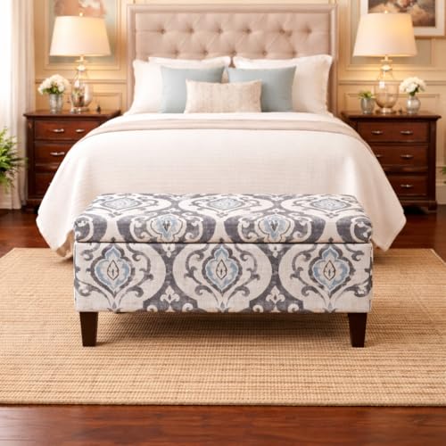 HomePop Large Upholstered Rectangular Storage Ottoman Bench with Hinged Lid, Slate Damask - color: Slate Damask