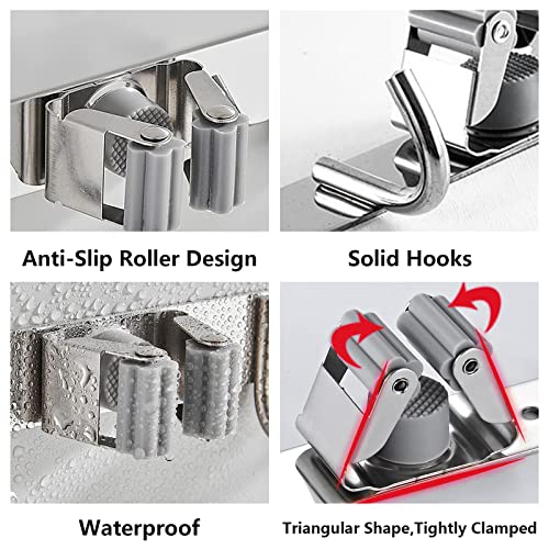 Broom Mop Holder Wall Mount Broom Hanger Wall Mounted Metal Organization Garage Storage Garden Kitchen Tool Organizer With 4 Racks and 5 Hooks (Silver, 1 Pack 4R5H) - size: 1 Pack 4R5H