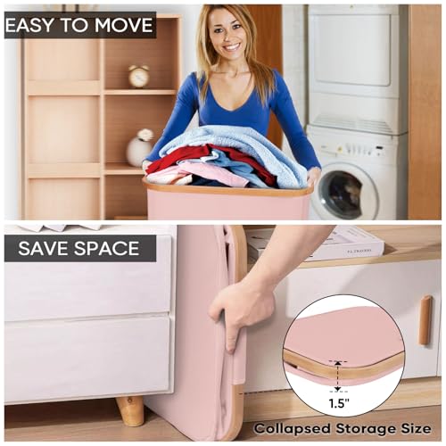 BALEINE Laundry Hamper with Lid, Tall Laundry Baskets with Bamboo Pull Handles, Large Laundry Bin with Internal Support (26 Gal/100L, Pink) - color: Pink, size: 100 liters