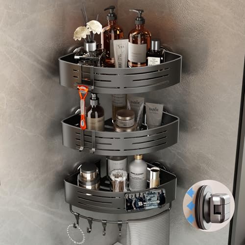 Voldra Corner Shower Caddy Suction Cup, Corner Shower Shelves No Drilling, Aluminum Upgrade Suction Cup Shower Organizer with Towel Bar & Hooks Removable Bathroom Storage Rack(3 Pack,Gray) - style: Suction Cup Triangle-3 Pack