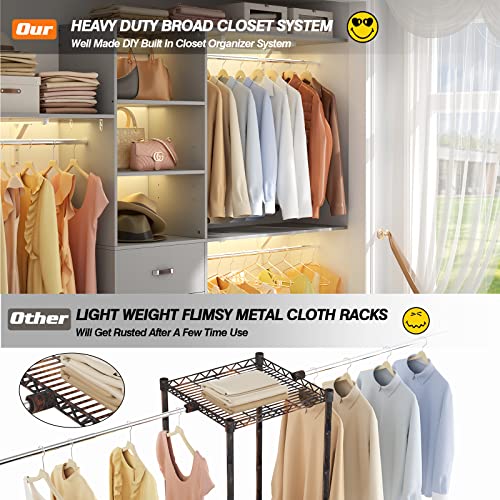 iSunirm 8FT Closet System, 96'' Closet Organizer System with 3 Hanging Rods, Wall Mount Bedroom Wardrobe with 3 Drawers Walk-in Closet, Adjustable Cloth Garment Rack from 5 to 8FT (Cut to Fit), Grey - color: Grey