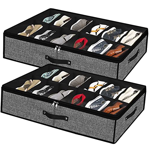 Under Bed Shoe Storage Organizer for Closet 2 Pack- Fits 24 Pairs Underbed Shoes Container Boxes with 2 Sturdy Handles and Clear Window,Foldable Shoe Rack Holder,Black - color: Black-24pairs, style: Regular Handle