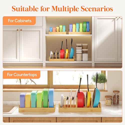 Lifewit Bamboo Pot Lid Organizers for Inside Cabinet, Pan Lid Holder with 6 adjustable Inserts & 7 Sections, Kitchen Pantry organizer and storage, Extra Large, 15.6" X 8.1"/40 x 21cm - size: Extra Large(15.6" x 8.1")