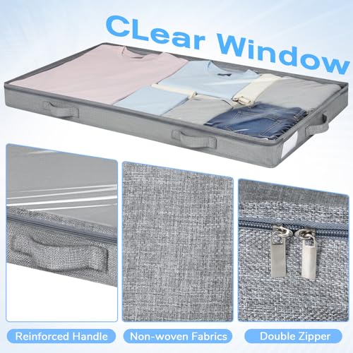 4 Pack Under Bed Storage, Below 4 Inches Underbed Storage Containers Low Profile No Sidewalls Foldable Shallow Storage Bins Organizer with Clear Lid and Zipper