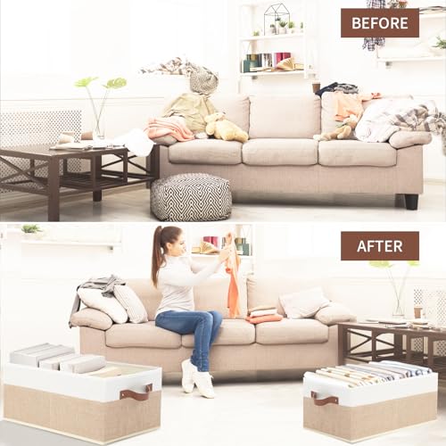 6 Pack Fabric Storage Bins, Large Storage Baskets for Shelves, Foldable Closet Organizer Storage Boxes with Leather Handles for Clothes, Sheets, Jeans, Toys, Books (Beige and White) - style: 6 Pack Beige & White