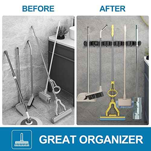 IMILLET 2 Pack Broom and Mop Holder Wall Mounted, Broom Holder Stainless Steel Broom Organizer Heavy Duty Tools Organizer Self Adhesive for Laundry Room Garage Garden£¨5 Racks and 4 Hooks£©