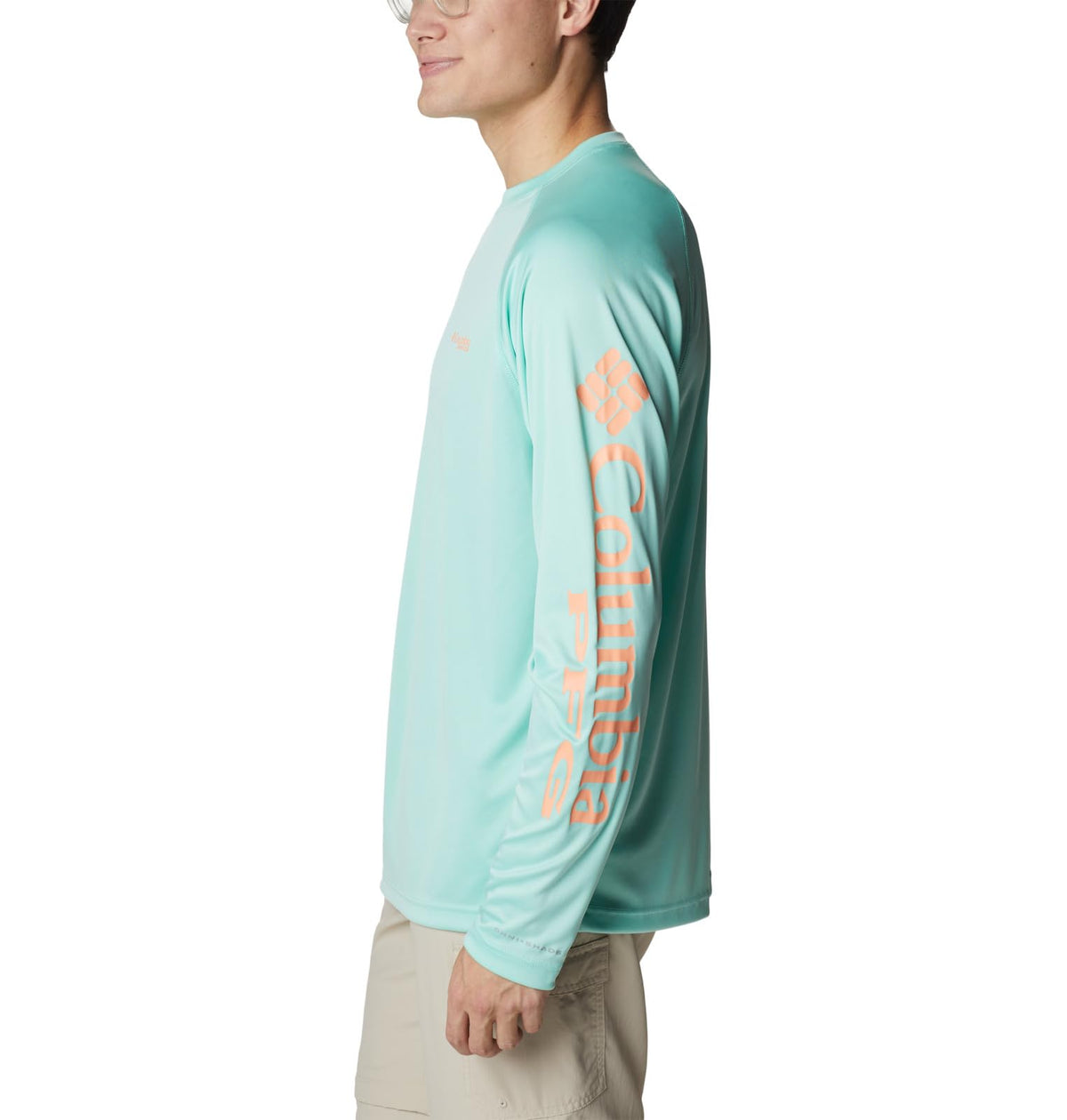 Columbia Men's Terminal Tackle Long Sleeve Fishing Shirt, Mint Cay/Bright Nectar Logo, X-Large