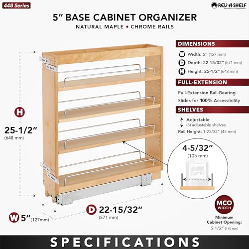 Rev-A-Shelf 5" Wood Pullout Kitchen Cabinet Organizer for 5.5" W Opening - Spice Caddy & Seasoning Rack Sliding Storage with Adjustable Shelves for Pantry Organization, 448-BC-5C - size: 5"W"