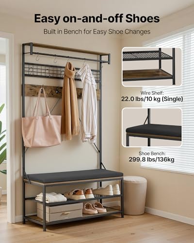 VEVOR Hall Tree with Bench and Shoe Storage, 2 Tier Entryway Bench with Coat Rack, Shoe Rack Storage Organizer with Soft Cushion, Hooks and Hanging Rod for Entryway, Hallway - size: 72" * 40"