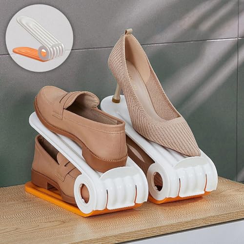Shoe Slot Organizer 4Pcs Adjustable Shoe Stacker 4 Level PP Shoe Space Saver Dual Layer Shoe Organizers for Closet, Orange, Shoe Slots