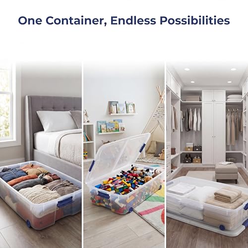 Blue Large Storage Bin, 66 Quart Clear Underbed Storage Container with Latch Lid and Wheels