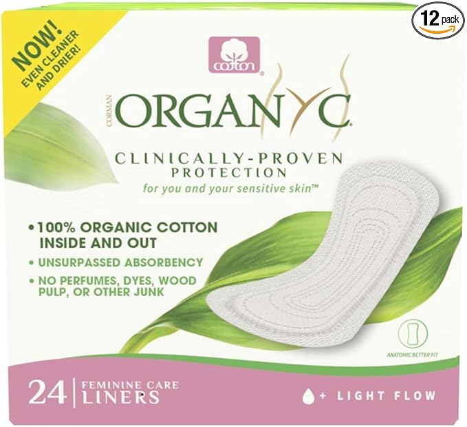 Organyc 100% Certified Organic Cotton Inside and Out Folded Panty Liner, Ultra Thin, Light Flow, 12 Pack of 24 Count, Bulk/Case Pack