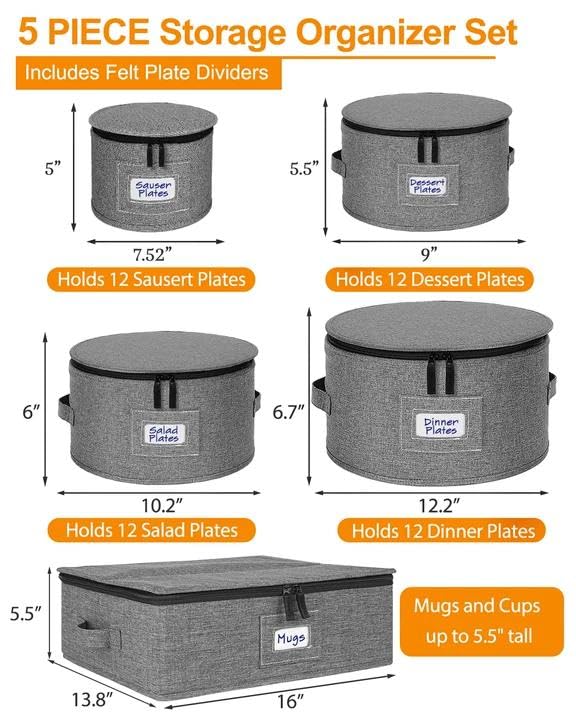 punemi China Storage Containers 5-Piece Set w/Hard Shell Sides & Bottom, Quilted Stackable Plate & Dish Storage Protectors, Adjustable Mug and Cup Storage Organizer for Moving and Dinnerware storage - style: StorageSet-China4pcs-Coffee1pcs