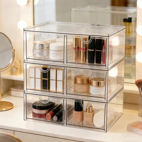 Prsildan Stackable Clear Makeup Organizer, 3 Pack Acrylic Storage Drawers with 6 Drawers for Vanity Bathroom Office Desk Modular Drawer System for Cosmetics Jewelry Toiletries Home Organization - style: Style2-6Drawers
