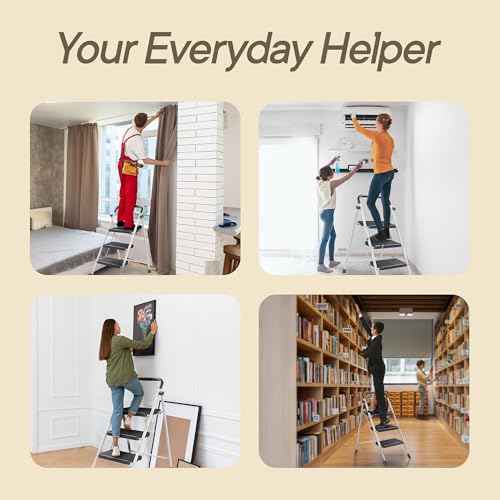 White 3 Step Stool Foldable ? Heavy-Duty Foldable Step Stool for Adults, 500 lbs Capacity, Anti-Slip Feet & Wide Steps, Sturdy Steel Frame, Lightweight & Space-Saving Design for Home, Kitchen & Garage