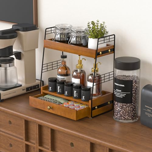 Coffee Bar Station Organizer with Built-In Drawer, 2-Tier Countertop Shelf for Tea Bags, Coffee Accessories, Syrup Bottles (Walnut) - color: Walnut