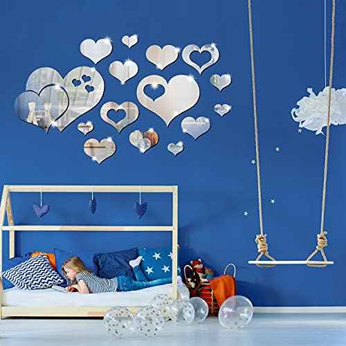 17 Pieces Heart Mirror Wall Decal 3D Acrylic Heart Mirrors Wall Art Decor Removable Sticker for Living Room Bedroom Home Decoration