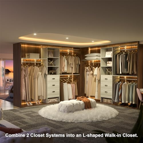 iSunirm 8FT Closet System, 96'' Closet Organizer System with 3 Hanging Rods, Wall Mount Bedroom Wardrobe with 3 Drawers Walk-in Closet, Adjustable Garment Rack from 5 to 8FT(Cut to Fit), White Oak - color: White Oak