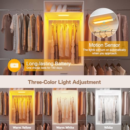 Wooden Closet System With LED Light 11FT Closet Organizer with 3 Wooden Drawers Walk-in Closet Organizer System with Tower and 4 Extendable Hanging Rods White