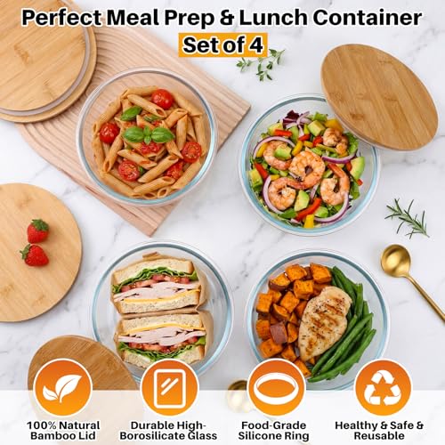 Blushtier 4 Pack 44 oz Borosilicate Glass Food Containers with Bamboo Lids, Stackable Glass Bowls for Meal Prep & Lunch, Microwave, Freezer and Dishwasher Safe - size: 44 oz