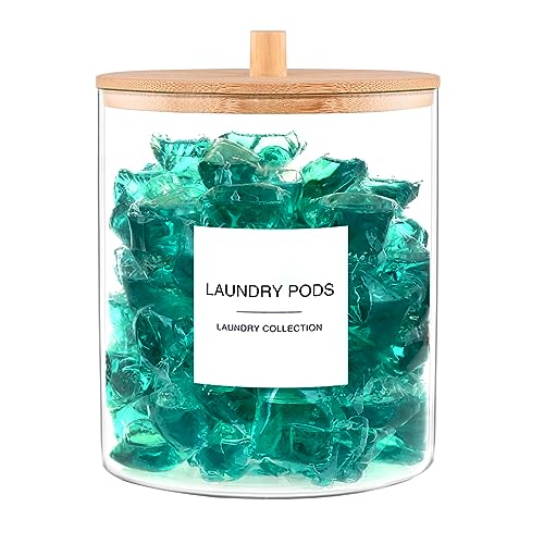 TIPGO Glass Jars for Laundry Room Organization, Laundry Pods Container with 27 Labels, Detergent Holder with Bamboo Lid, Cute Storage Jars (Set of 1)
