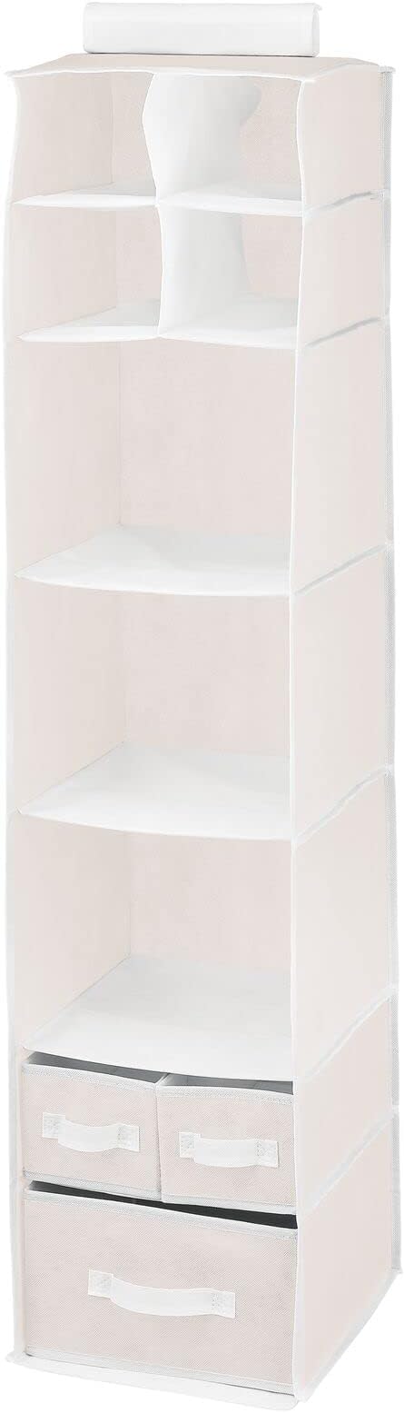 mDesign Fabric Hanging Organizer - Over Closet Rod Storage - 7 Shelves/3 Removable Drawers for Baby Nursery Bedroom Organization, Hold Clothes, Linens, Toys, Accessories, Jane Collection, Cream/White