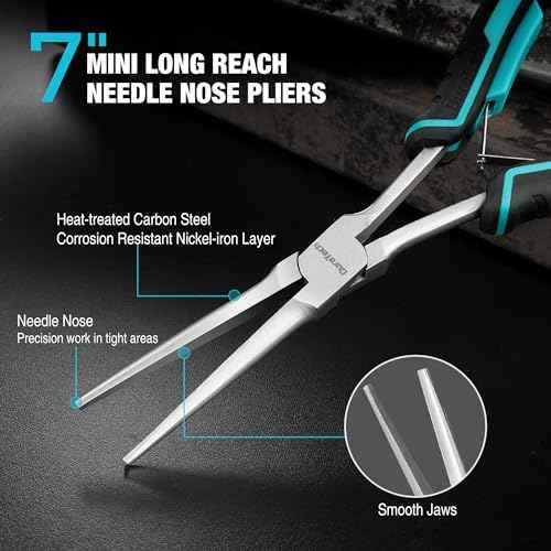 DURATECH 7" Long Reach Needle Nose Pliers, Extra Long Nose Pliers with Smooth Jaws, Small Needle Nose Pliers for Jewelry Making, Wire Bending and Small Object Gripping on Narrow Space