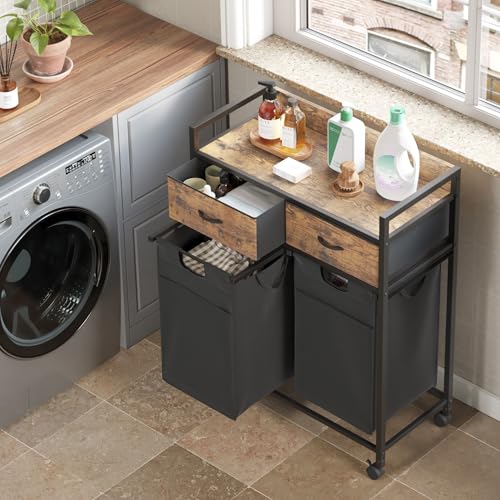 Mondeer Laundry Sorter with 2 Drawers, 100L with Pull-Out Removable Laundry Bags, Laundry Hamper Baskets with 2 Section and Wheels, Rustic Brown and Black - size: 2 Drawers