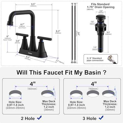 Matte Black Bathroom Sink Faucet, Hurran 4 inch Bathroom Faucets for Sink 3 Hole with Pop-up Drain and Supply Hoses, 360 Swivel Spout Centerset Faucet for Vanity RV Farmhouse, 2 Pack