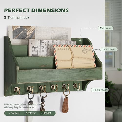 Rebee Vision Pine Wood Key Holder Wall Mount - Rustic 3-Tire Mail Holder for Wall with Sturdy Key Hooks - Multifunctional Mail Organizer Wall Mount for Sunglass at Home (Green) - color: Green