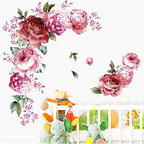 Peony Flower Wall Stickers 3D Pink Flowers Wall Decals, Peel and Stick Removable Wall Art Decor, DIY Mural Wall Art Decor for Kids Room Nursery Classroom Living Room Bedroom Home Decoration (E)
