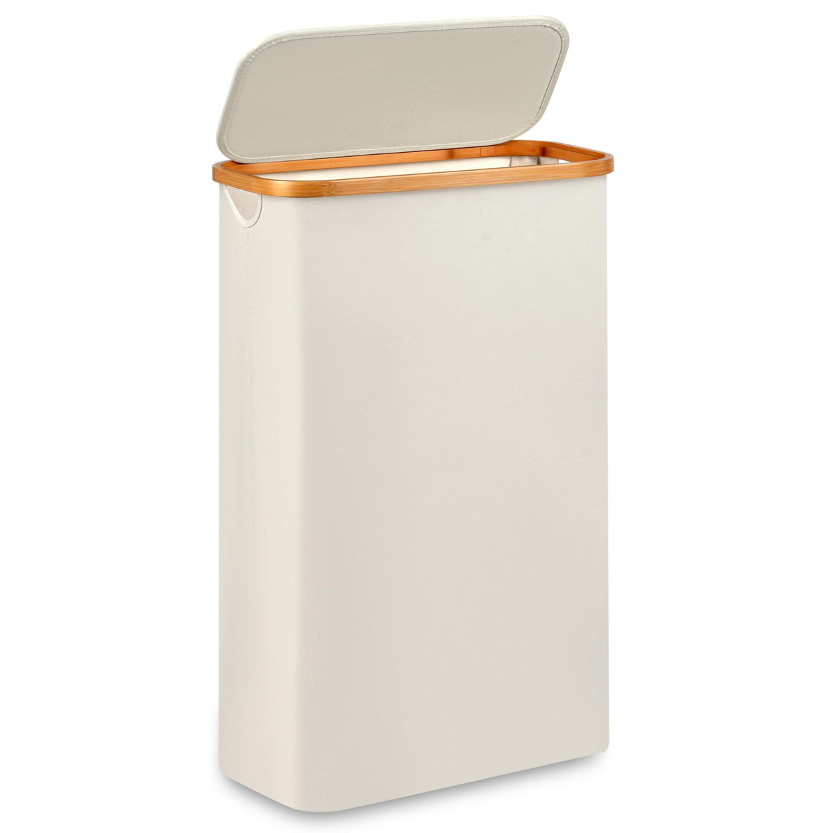 Merkisa Slim Laundry Hamper,Narrow laundry Hamper with Lid,60L Hamper for Laundry,Dirty Cloth Hamper with Bamboo Handle for Towels, Clothes Organizing,Beige