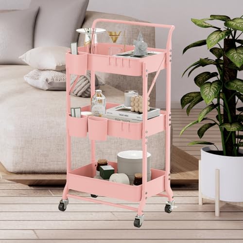 3-Tier Folding Rolling Utility Cart with Wheels, Foldable Storage Cart Organizer with 3 Hanging Cups & 6 Hooks for Kitchen, Office, Living Room, Nursery(Pink) - color: Pink