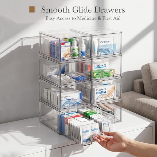 8 Pack Small Clear Stackable Acrylic Storage Boxes for Art Tool & Sketch, Storage Drawers, Storage Organizer, Clear Plastic Makeup Organizer, Ideal for Vanity, Cabinet, Desk Organization