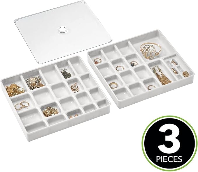 mDesign Stackable Plastic Storage Jewelry Box - 2 Organizer Trays with Lid for Drawer, Dresser, Vanity - Holds Necklaces, Bracelets, Bangles, Rings, Earrings - 3 Pieces - Light Gray/Clear