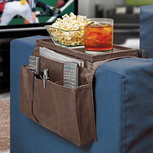 Brown Classic Functional Sofa Caddy Bedside Organizer with 8 Pockets TV Remote Holder Bed Storage Pocket Bag for Cellphone Tablet Notepad Book Magazines DVD Glasses - color: #C Brown (With Top Tray)