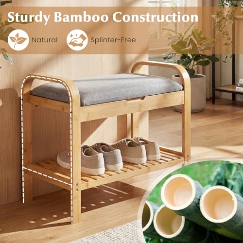 Giantex Small Entryway Bench with Storage, 2-Tier Bamboo Shoe Rack Bench with Flip Top Storage Space and Padded Cushion, Shoe Organizer for Entryway, Living Room, Hallway, Bedroom,Natural - size: 13"D x 24"W x 22"H（With Flip-Top Storage）