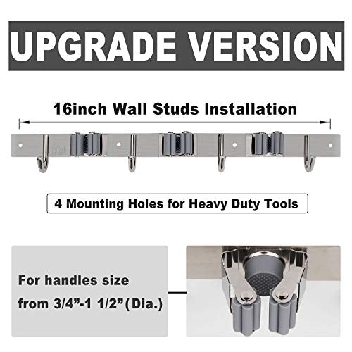 Broom Mop Holder Wall Mount Broom Hanger Wall Mounted Metal Organization Garage Storage Garden Kitchen Tool Organizer With 4 Racks and 5 Hooks (Silver, 1 Pack 3R4H)… - size: 1 Pack 3R4H