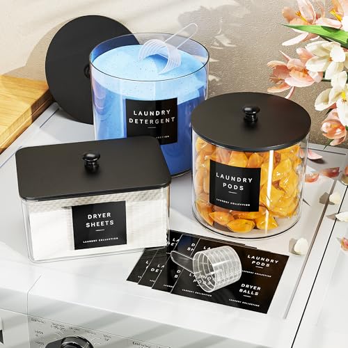 galasily 3 Pack Laundry Pods Container, Clear Laundry Room Organization Containers,Large Acrylic Detergent Powder Storage Containers Black Wooden Lids & Labels, Dryer Sheet Holder - size: 3pack