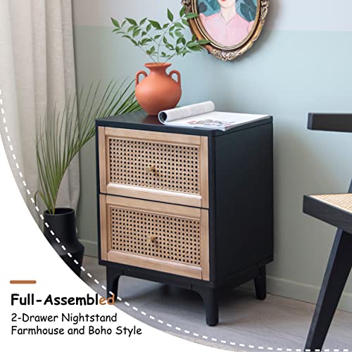 COZAYH Set of 2 Fully-Assembled 2-Drawer Woven Cane Front Accent Nightstand with Brass Knobs, Black - color: Black, style: 2 Drawer/2 pack