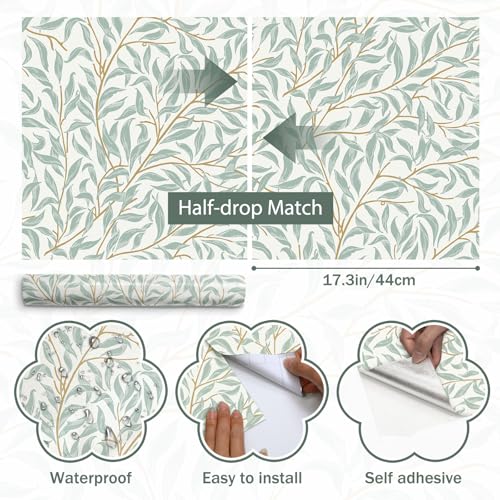 Peel and Stick Wallpaper for Home Decoration Kitchen Willow Leaf Wallpaper Removable Vinyl Self Adhesive Shelf Paper & Drawer Liner Roll House, Workshop & Office 17.3" x 118" SM-574-3