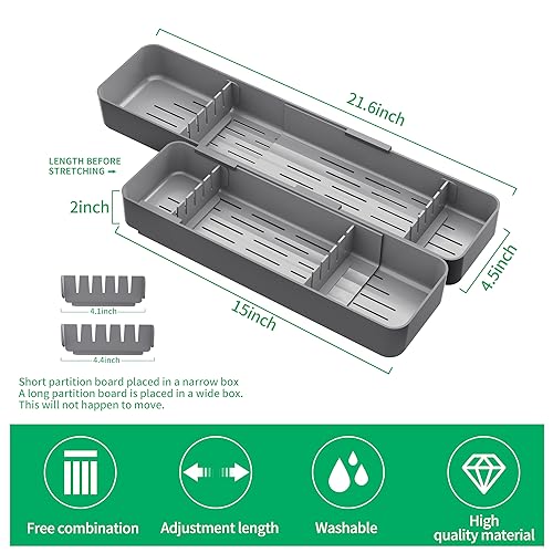 Kitchen Drawer Silverware Organizer, Adjustable Cutlery Organizer, Expandable Utensils Holder, Silverware Dividers Tray, Storage for Flatware, Large Drain Board (Gray,2 Sets)