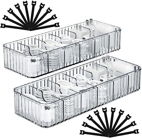 Cable Storage Boxes Organizers 2 Pack,Cord Charger Storage Organizer Box Case with 20pcs Cable Ties,Stackable,Clear