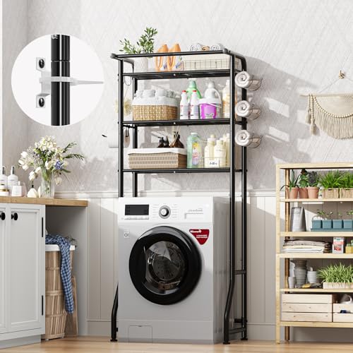 Simple Trending Over The Toilet Storage Cabinet, Metal Bathroom Shelf Organizer with Paper Holder and Hooks, 3 Tier, Black - color: Black