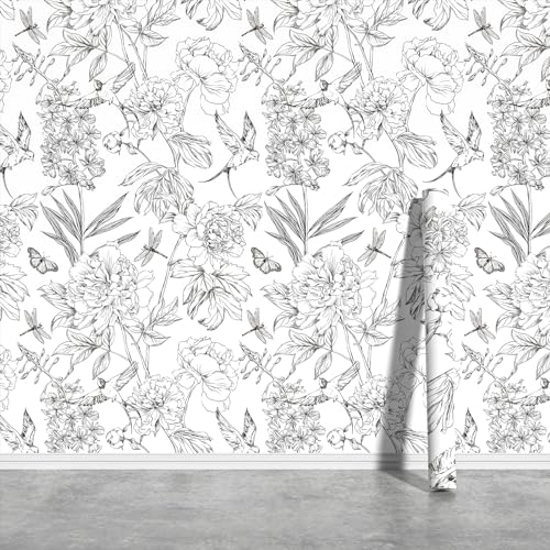 Jiffdiff White and Black Wallpaper Peel and Stick Sketched Peony Floral, Waterproof Removable Self Adhesive Wall Paper with Botanical, Bird and Butterfly for Bedroom and Bathroom 120"X17.3"(14.4sq.ft)