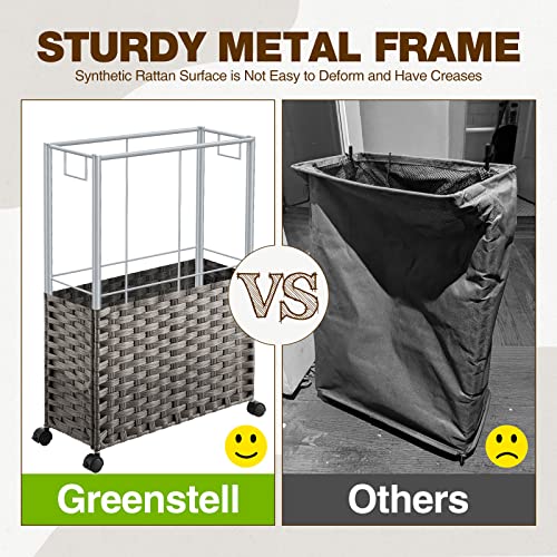 Greenstell Laundry Hamper with Wheels, 17.4 Gallon (66L) Slim Laundry Basket with 2 Removable Liner Bags & 2 Mesh Bags, Narrow Rattan Clothes Hamper for Bedroom, Laundry Room, Bathroom, Grey - color: Grey, size: 66L (19.7 x 7.9 x 27.6 inches)