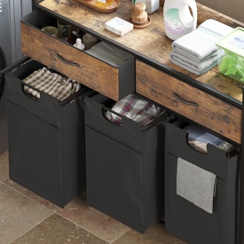 Mondeer Laundry Sorter with 2 Drawers, 150L with Pull-Out Removable Laundry Bags, Laundry Hamper Baskets with 3 Section and Wheels, Rustic Brown and Black - size: 3 Drawers
